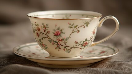 A vintage teacup and saucer, showcasing delicate floral patterns and an elegant design, set against a soft, pastel-colored backdrop to highlight its subtle charm.