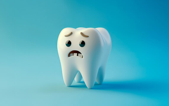 Ein Zahn mit &auml;ngstlichem Gesichtsausdruck vor blauem Hintergrund.
