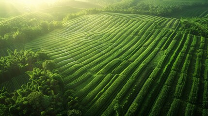 Fototapeta premium Aerial View of Lush Green Terraced Fields at Sunrise in Tranquil Countryside