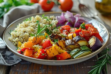 A beautifully arranged plate of roasted vegetables with a side of quinoa