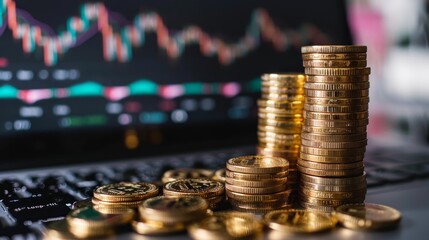 Integrated Investment Decisions - Gold Coins Stack & Stock Market Performance on Laptop Screen