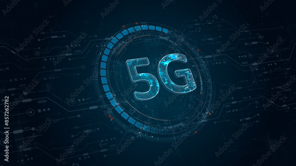 Poster blue digital 5g letter and circle futuristic hud elements with flowing arrows with generation of con