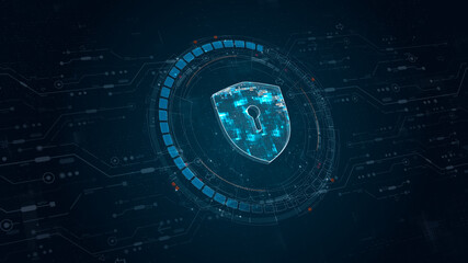 Blue digital security shield logo and circle futuristic HUD elements with flowing arrows with network firewall technology and data secure concepts on abstract background