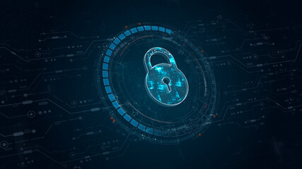 Blue digital security key logo and circle futuristic HUD elements with flowing arrows with network firewall technology and data secure concepts on abstract background
