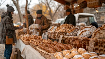 Fototapeta premium Shoppers at a farmers market, admiring artisanal breads and pastries, rustic baskets and stands, vibrant community feel