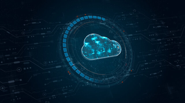 Blue digital cloud computing logo and circle futuristic HUD elements with flowing arrows storage big data backup concepts on abstract background