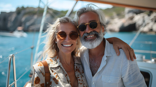 Beautiful and happy senior couple in love sitting on the side of sailboat or yacht deck floating in sea at sunset and enjoying amazing view, sailing together