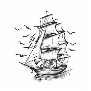 recommend clip art: Hand sketch of a vintage sailing ship over white background