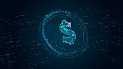 Blue digital money logo with rotation HUD UI circle technology interface and futuristic elements abstract background crypto currency finance and digital money concepts