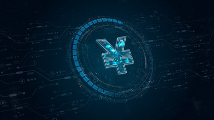 Blue digital money logo with rotation HUD UI circle technology interface and futuristic elements abstract background crypto currency finance and digital money concepts