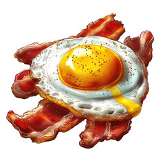 Bacon and fried eggs, American breakfast, hand drawn watercolor illustration on white transparent background.