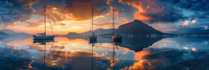 Yacht rest in still water with mountain reflections at sunset.