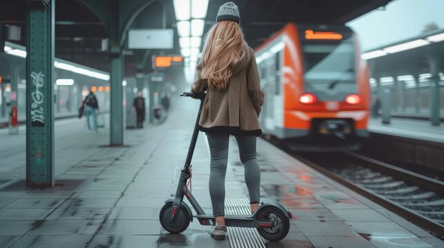 A modern image capturing a woman from behind, standing with a scooter on a wet platform at a train station, watching a train arrive, symbolizing travel and anticipation.