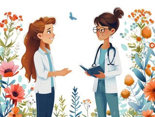 Obraz premium Two Women Doctors Talking in a Garden.