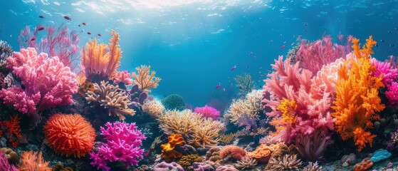 Fototapeta premium Coral garden with a variety of species, bright and colorful, clear turquoise water, sharp details, thriving marine ecosystem, -high definition