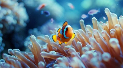 Anemonefish swimming playfully in and out of a sea anemone, showcasing their symbiotic relationship.