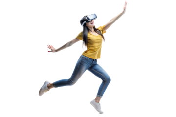 Happy young woman dancing in the metaverse isolated on white background