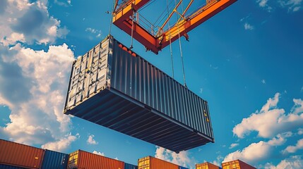 A crane in the seaport lifts a large container from a cargo ship against a background of blue sky with white clouds