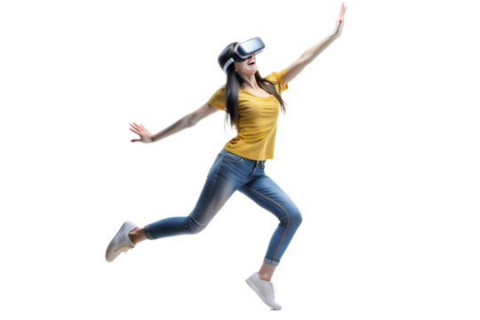 Happy young woman dancing in the metaverse isolated on white background