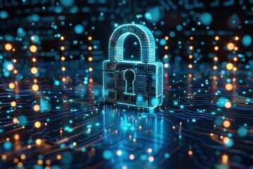 A detailed metal lock set against a field of digital working code, internet security and personal data protection.