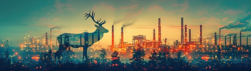 Obraz premium A deer stands in front of a factory reflecting in the water at sunset.