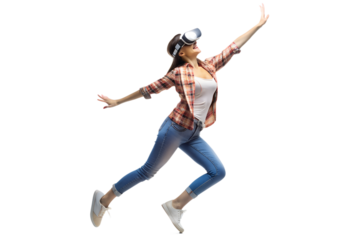 Happy young woman dancing in the metaverse isolated on white background