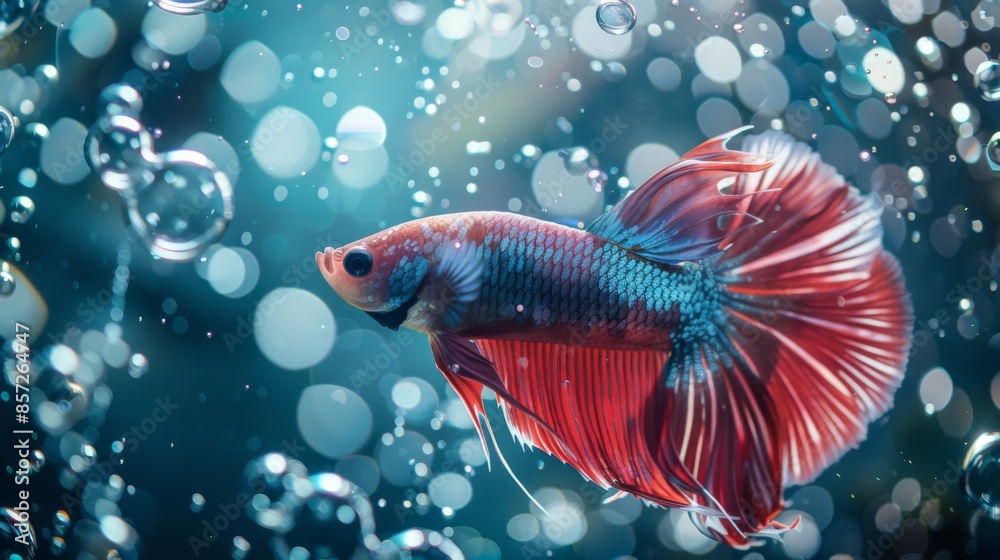 Poster Close-up of a Betta fish blowing bubbles at the water surface, creating a mesmerizing pattern.