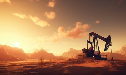 oil rig extracts pumps crude oil in desert background