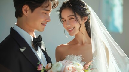 A joyful bride and groom are seen smiling on their wedding day. The bride is wearing a white dress and holding a bouquet, while the groom is in a black suit, conveying love and happiness.