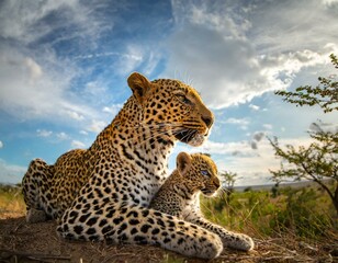 Naklejka premium Leopard mit tierbaby 