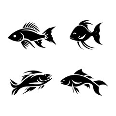 fish swimming  silhouette set black and white, Silhouette of a fish in swimming position