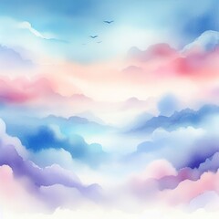 A watercolor painting of a cloudy sky with three birds flying in the distance.