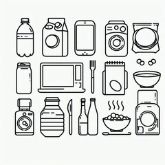 A set of 12 black and white outline icons of various household items.