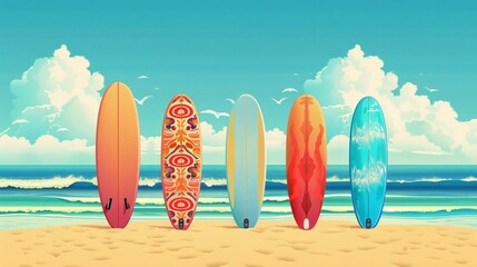 Flat vector illustration of surfing board on tropical sandy beach