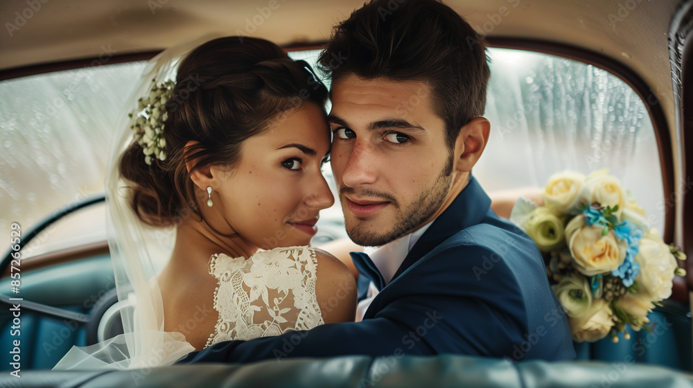 Wall mural bride and groom looking over their shoulders inside car