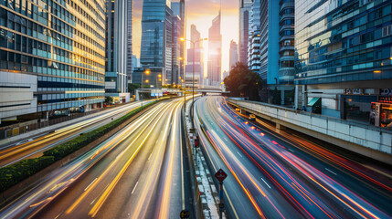 Fototapeta premium The light flow of traffic vehicle transportation on highway in a city with modern high buildings