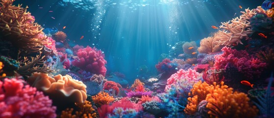 Crystal clear 8K background of a vibrant coral reef, full of marine life and colors, ideal for underwater themes