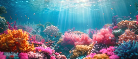Fototapeta premium Crystal clear background of a vibrant coral reef, full of marine life and colors, ideal for underwater themes