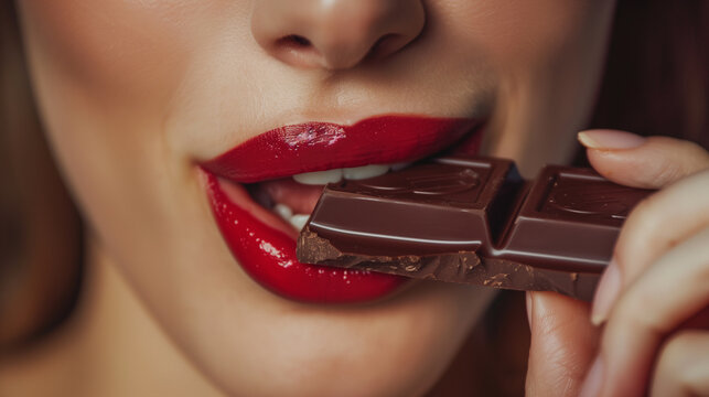 Female red lips and piece of milk chocolate