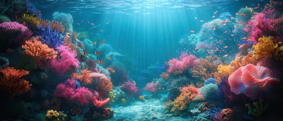 Crystal clear background of an underwater scene, showcasing colorful coral reefs and fish, perfect for marine life themes