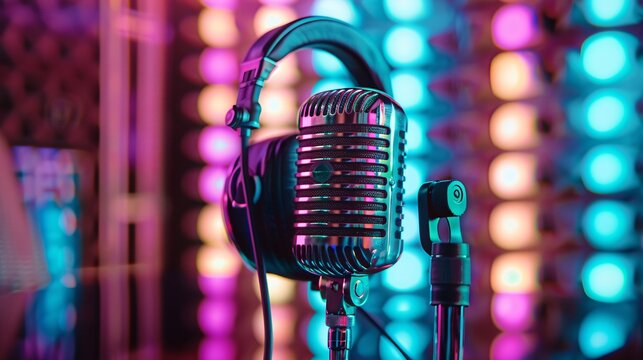 A close-up of a microphone and headphones for podcasting or ASMR sounds on a black stand with cyan and magenta neon LED lighting in a sound recording studio.
