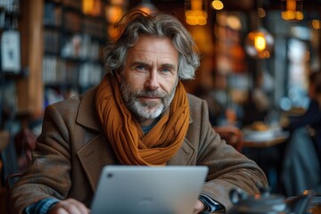 A Man Wearing a Brown Coat and an Orange Scarf Uses a Tablet in a Coffee Shop