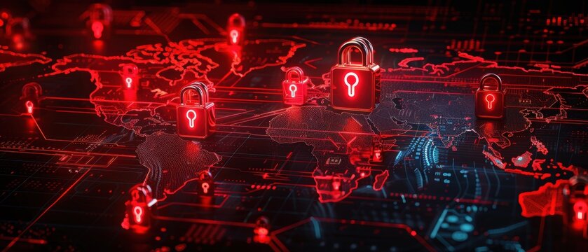 Cybersecurity concept with digital padlocks over a world map, bright red alerts indicating threats, dark background