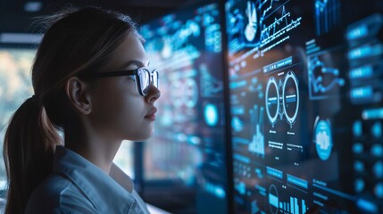 A female data scientist developing a machine learning model using AI, with her screen displaying complex algorithms and data flow diagrams.