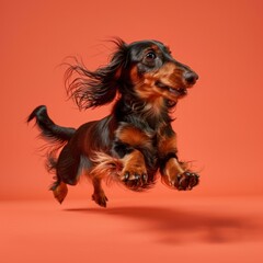 Joyful dachshund dog mid-jump on bright orange background