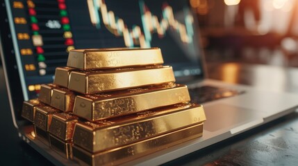 Financial Planning and Investment Decisions Concept - Gold Bars and Laptop Displaying Stock Market Performance