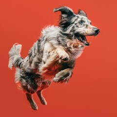Naklejka premium Dynamic dog jumping dynamically against red backdrop