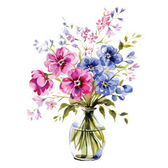 Watercolor Blue and Pink flowers in a vase. Vector.
