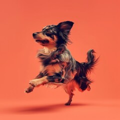 Naklejka premium Alert dog poised in mid-leap on bright red