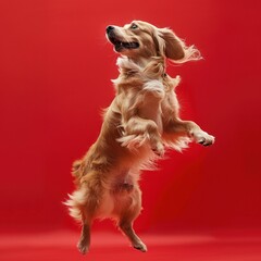 Golden dog leaping joyfully against vibrant red backdrop